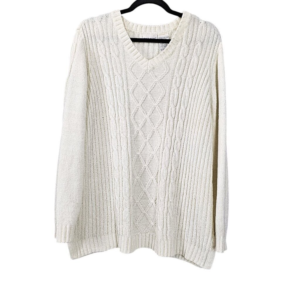 💎267 White Stag Long Sleeve Ribbed Cable Knit Metallic Ivory Soft Sweater